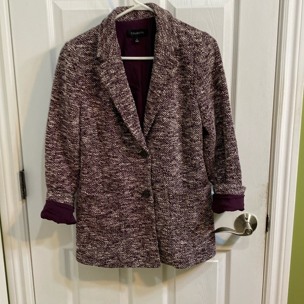 Talbots Tweed Purple Plum White Two Button Lined Blazer Jacket Womens Size 2